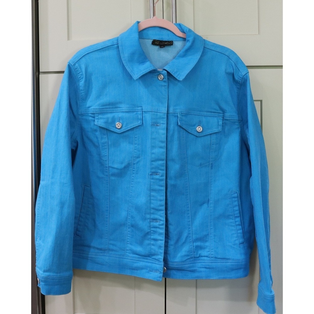 DG2 Diane Gilman Neon Blue Denim Stretch Trucker Jacket Womens Large